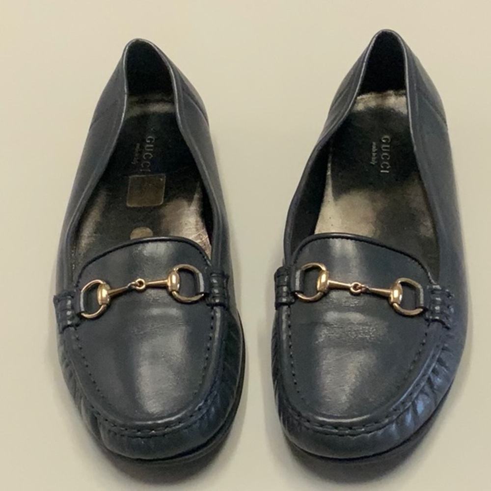 Gucci Midnight Blue/Grey Leather Drivers/Loafers with Gold Accent Horsebit